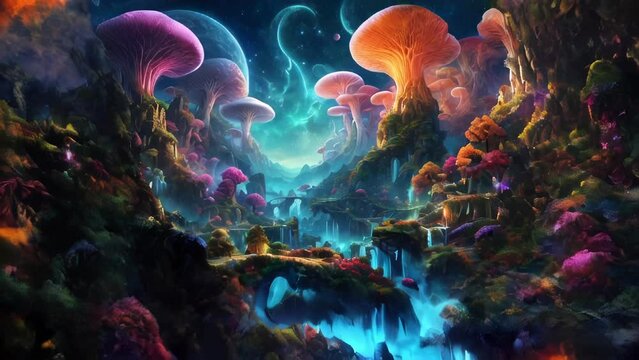 Mushroom Fantasy Landscape Mountain River Canyon Zoom In, Generative Ai