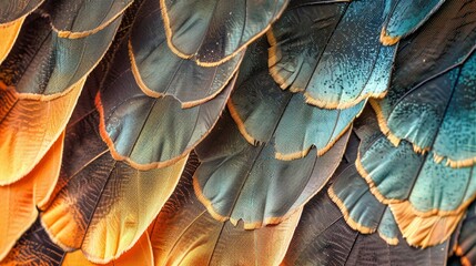 Macro detail of butterfly wing scales, revealing the intricate texture and color pattern, perfect for natureinspired designs
