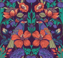 Rolgordijnen Seamless pattern with flowers, birds and leaves for textile, wallpaper, print. © alfaolga