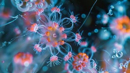 Macro shot of Amoebozoa in action, capturing the intricate dance of pseudopodia amidst a watery microcosm