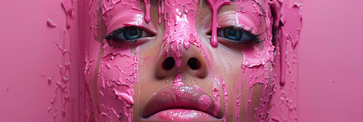 Dramatic Portrait of Woman with Pink Paint Drips