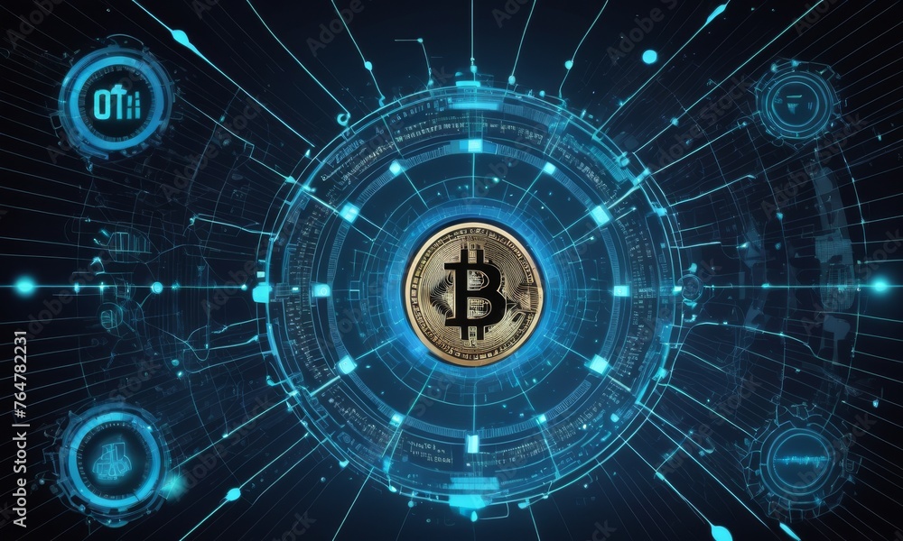 Poster a bitcoin symbol is centralized amid dynamic blue digital networks. this image captures the essence 