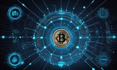 Obraz premium A Bitcoin symbol is centralized amid dynamic blue digital networks. This image captures the essence of cryptocurrency within a virtual environment. AI generation