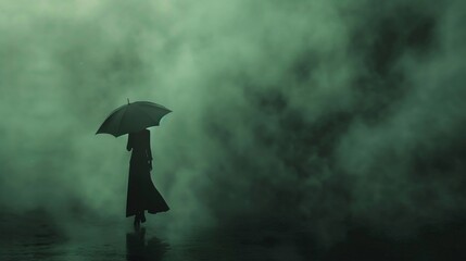 Mysterious figure emerging from the fog, clutching an elegant umbrella, set against a deep green atmospheric background