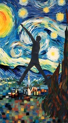 Man jumping on the background of the night city. Oil painting.