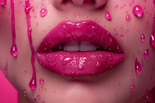 Glossy Pink Lipstick on Woman's Lips with Water Droplets