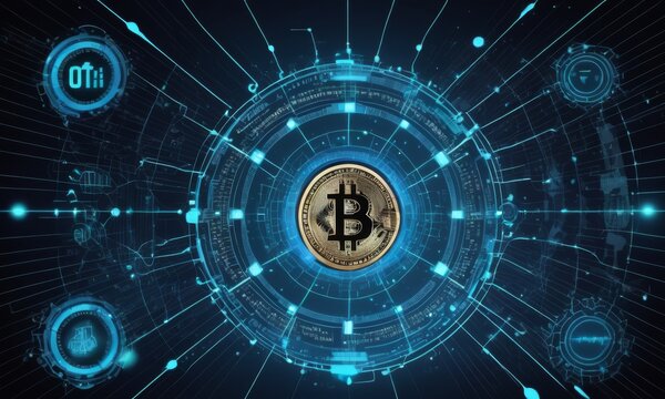 A Bitcoin symbol is centralized amid dynamic blue digital networks. This image captures the essence of cryptocurrency within a virtual environment. AI generation
