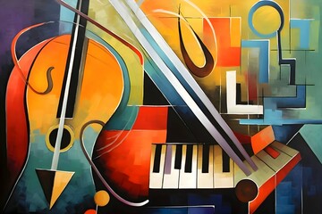 Abstract colorful music background with violin and piano. Digital illustration painting.