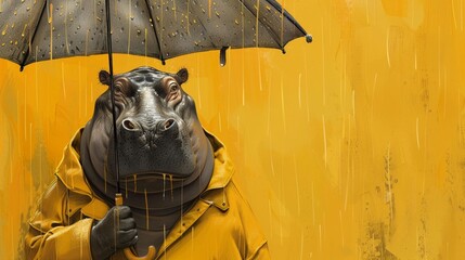 Smiling hippo donned in a slick yellow raincoat, clutching a large umbrella, amidst gentle rain, vibrant yellow backdrop