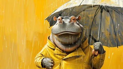 Smiling hippo donned in a slick yellow raincoat, clutching a large umbrella, amidst gentle rain, vibrant yellow backdrop