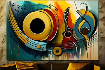 Abstract colorful music background with guitar and notes on the wall. 3d rendering