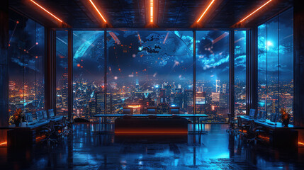 Obraz premium Advanced Command Center with Global Data Screens