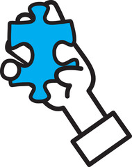 パズルの青いピースを持つ人間の手