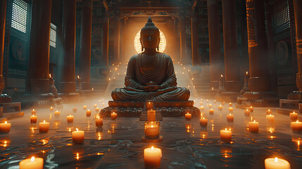 Buddha Statue in Candlelit Meditation Cave