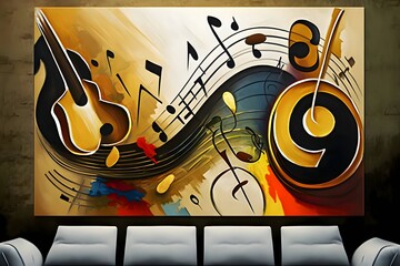 abstract music background with guitar and notes on the wall, 3d illustration