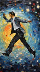 Original oil painting of a man in a suit jumping on a colorful background
