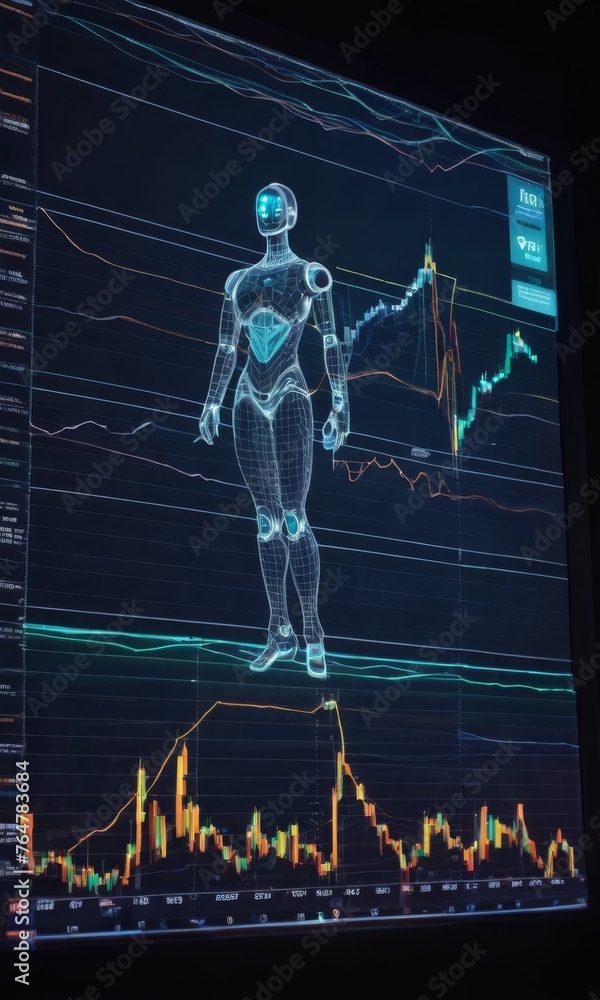 Poster a translucent humanoid hologram stands before fluctuating market graphs. this image suggests a syner