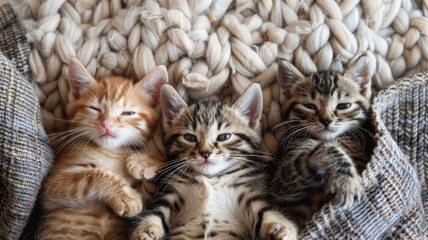 Top view of cute sleepy kittens laying on woolly blanket. - 764783825
