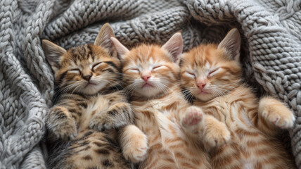 Top view of cute kittens sleeping on woolly blanket. - 764783892