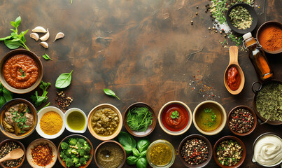 Vegan/ vegetarian sauces and spices in bowls seen from above, healthy food top view wallpaper kitchen	 with copy space

