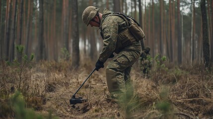 Military personnel in camouflage using a metal detector to sweep the ground in a dense forest setting. - obrazy, fototapety, plakaty