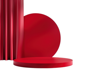 Red stage with curtains for product display on white