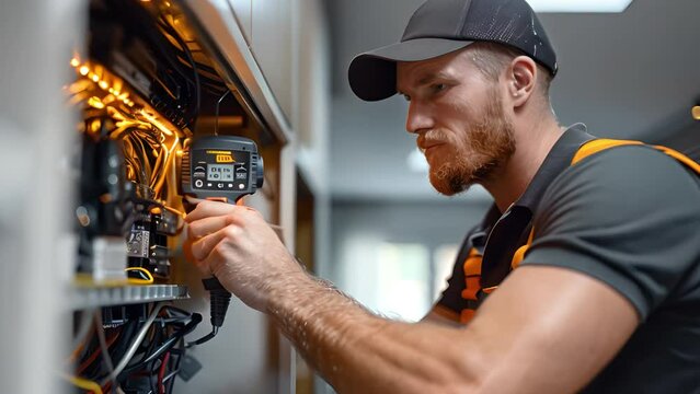A Electrician repairing electrical box He uses a multimeter to check the voltage.