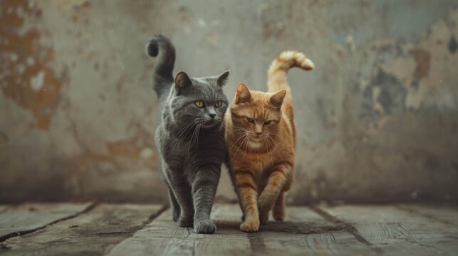 Close-up of two cats in love who enjoy exchanging tenderness, the concept of spring and summer love.  
