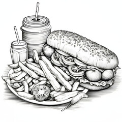Fast food. Burger, french fries, ketchupnnaise. Vector illustration.