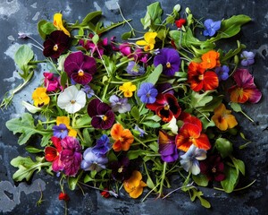 A vibrant salad featuring edible flowers and microgreens arranged to resemble a bouquet