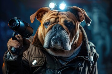 A Bulldog in a security guard uniform with a flashlight and walkie-talkie