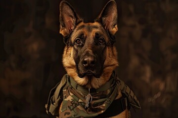 A German Shepherd in military attire with a camouflage bandana and dog tags - obrazy, fototapety, plakaty