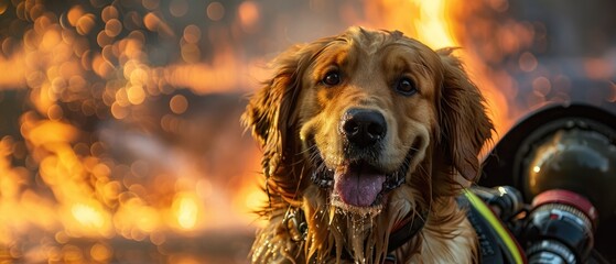 A golden retriever in a firefighters uniform heroically posed next to a fire hose - obrazy, fototapety, plakaty