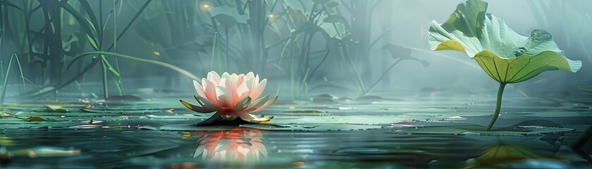 The serene beauty of a lotus flower emerging from a calm pond - obrazy, fototapety, plakaty