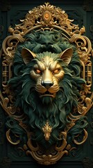 Wallpaper pattern with green and golden carved ornamental lion