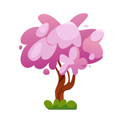 Sakura. Asian Floral Tree. Japanese Cherry Blossom, Pink Flowers. Vector Cartoon illustration.