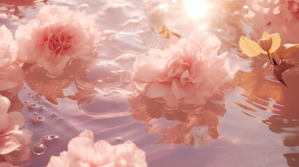 Gros plan sur des fleurs de cerisiers roses flottant sur une eau de couleur rose pâle. Reflet de lumière sur l'eau. Douceur, féminin, beauté. Pour conception et création graphique.