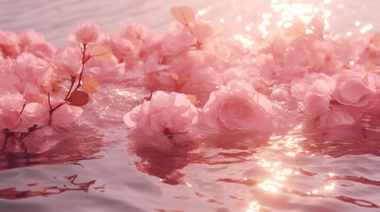 Gros plan sur des fleurs de cerisiers roses flottant sur une eau de couleur rose pâle. Reflet de lumière sur l'eau. Douceur, féminin, beauté. Pour conception et création graphique. - obrazy, fototapety, plakaty
