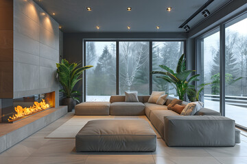 Minimalist interior design of a modern living room with a gray corner sofa and a large glass fireplace