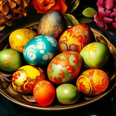 Fototapeta na wymiar Easter eggs on the holiday table
