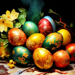 Fototapeta na wymiar Easter eggs on the holiday table