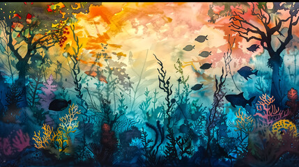 Fototapeta na wymiar A watercolor scene of a traditional underwater amazon river, wit