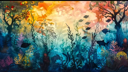 Foto op Canvas A watercolor scene of a traditional underwater amazon river, wit © pasakorn