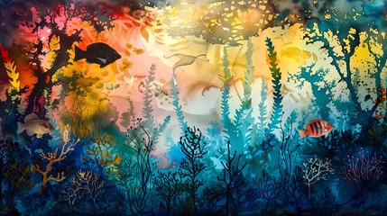 Foto op Canvas A watercolor scene of a traditional underwater amazon river, wit © pasakorn