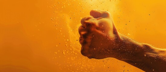 An outstretched hand reaching out to grab dripping water from a vibrant yellow background