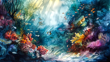 A watercolor scene of a traditional underwater amazon river, wit - obrazy, fototapety, plakaty