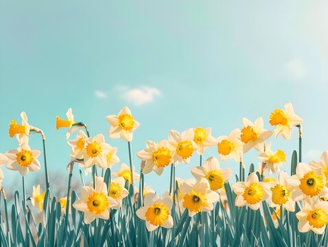 Image of white and yellow spring daffodils on blue sky background, muted colors. Retro style, nostalgic.