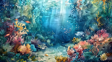 Obraz na płótnie Canvas A watercolor scene of a traditional underwater amazon river, wit