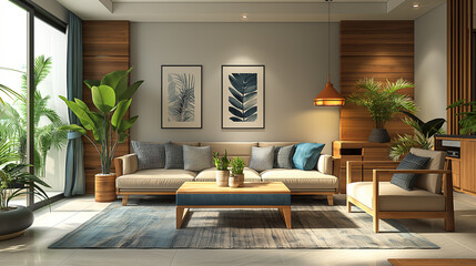 design of a modern living room in Scandinavian style with wooden furniture and turquoise knitwear
