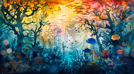 A watercolor scene of a traditional underwater amazon river, wit